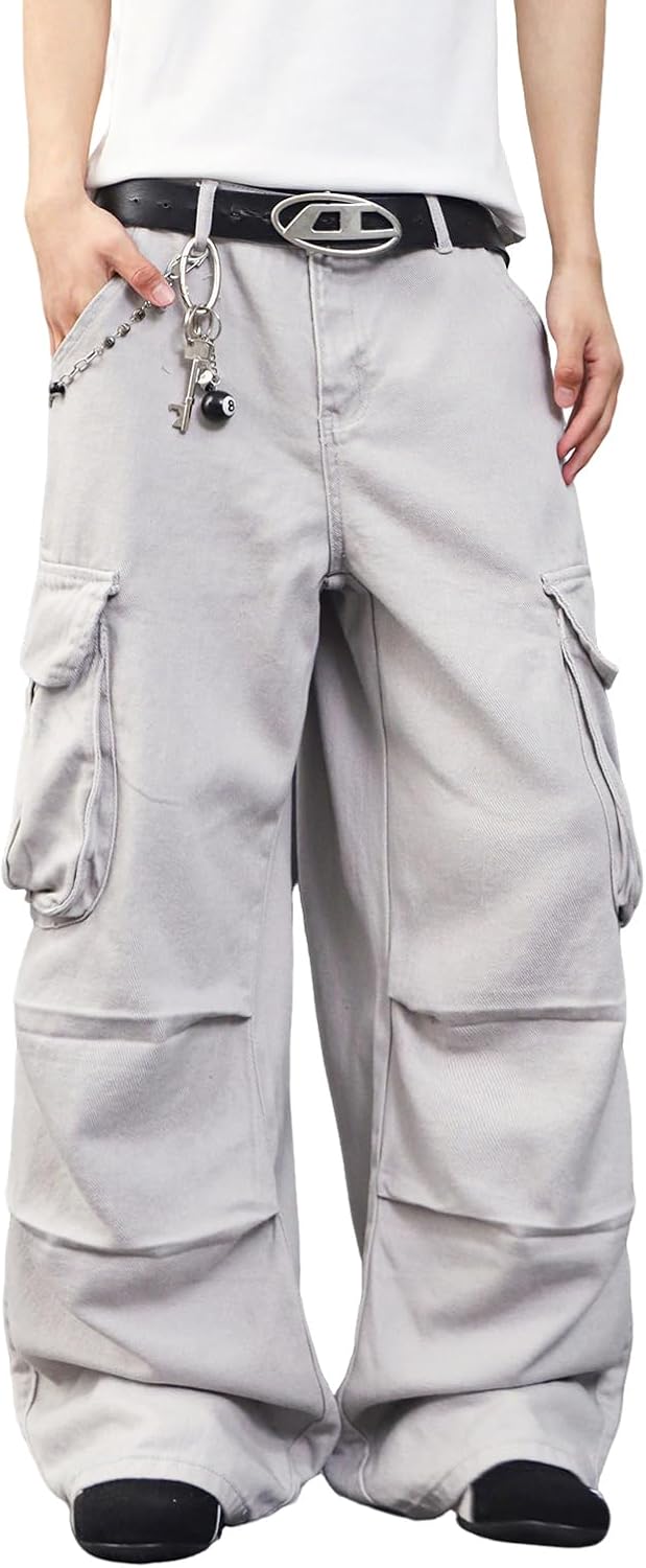 Mens Denim Baggy Pants with Cargo Pockets for Casual Style