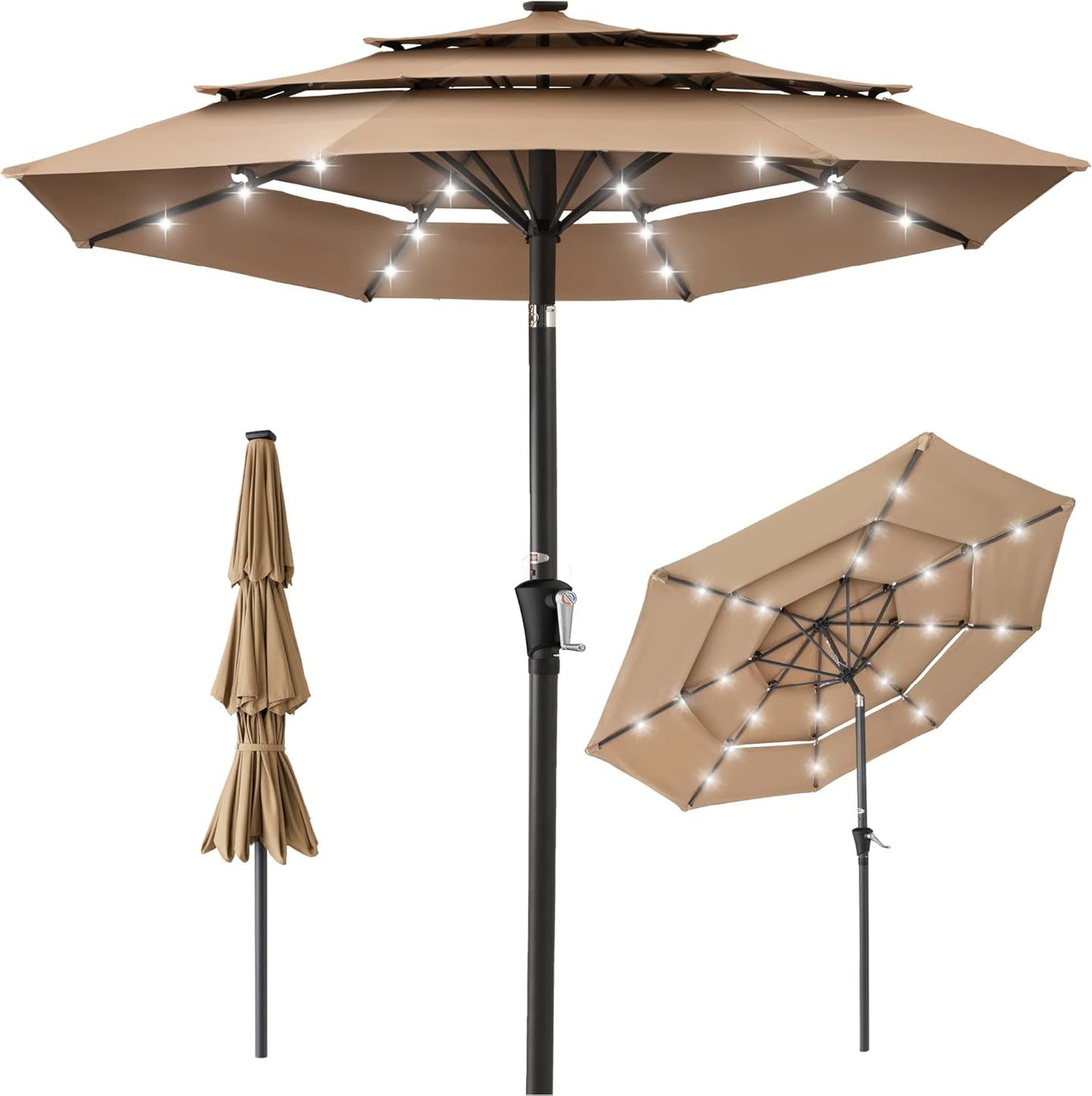 10ft 3-Tier Solar Patio Umbrella with LED Lights for Shade