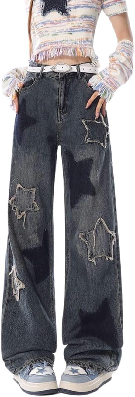 Cute Jeans for Women with Star Patchwork High Waisted Style