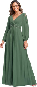 V Neck Lantern Sleeve Chiffon A-Line Evening Dress - Flattering Fit