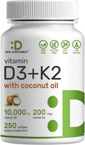 Vitamin D3 10,000 IU with K2 MK7 200mcg Softgels - High Potency