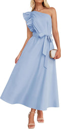 Womens One Shoulder Ruffle Maxi Dress - Flowy Empire Waist Summer