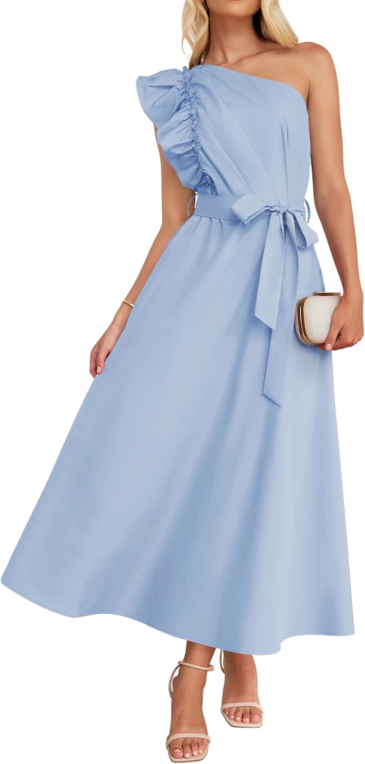 ZESICA Women's One Shoulder Ruffle Maxi Dress for Summer Fun