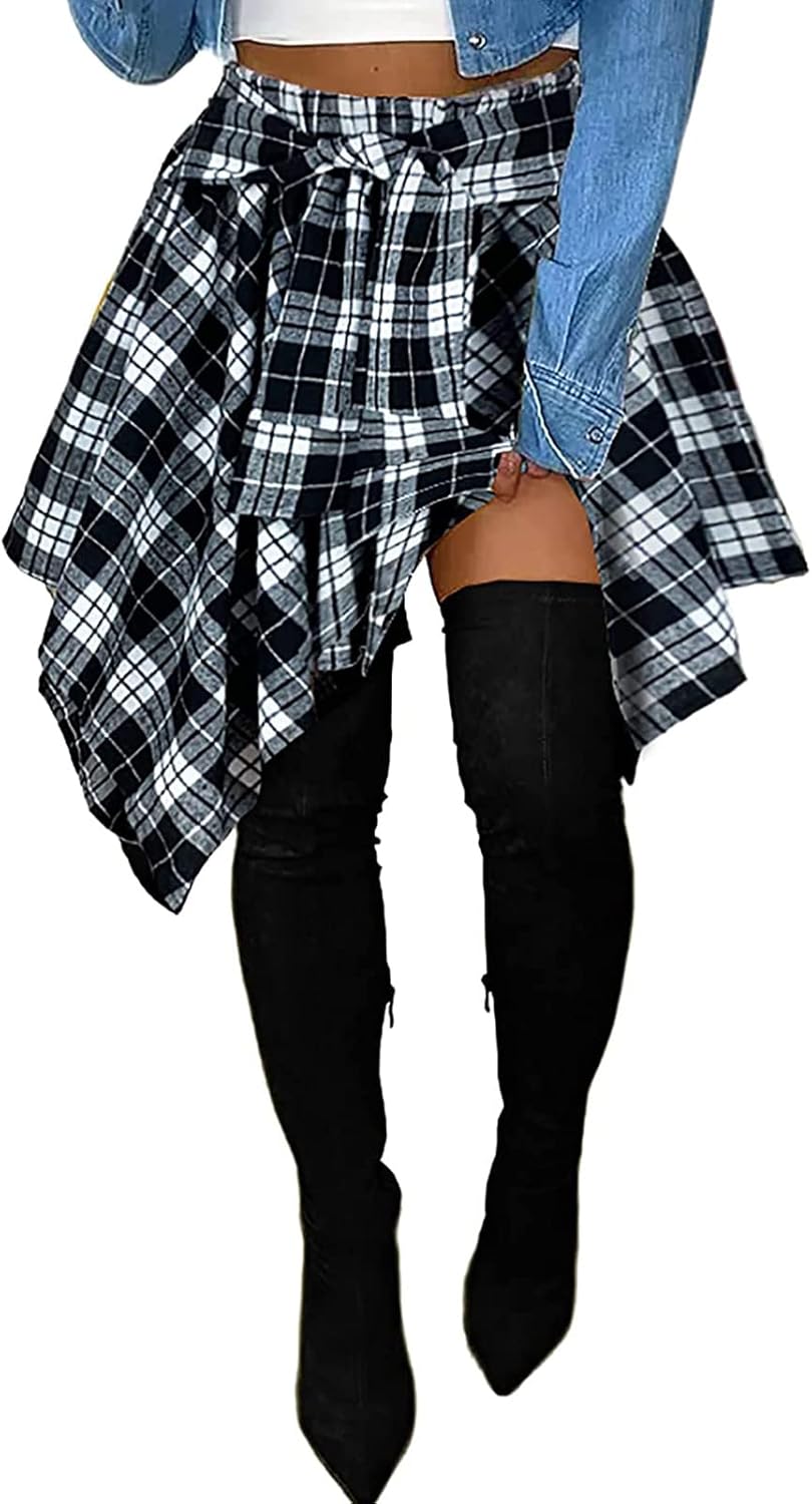 Women's Plaid Skorts Skirts - High Waisted Tie Front Pleated