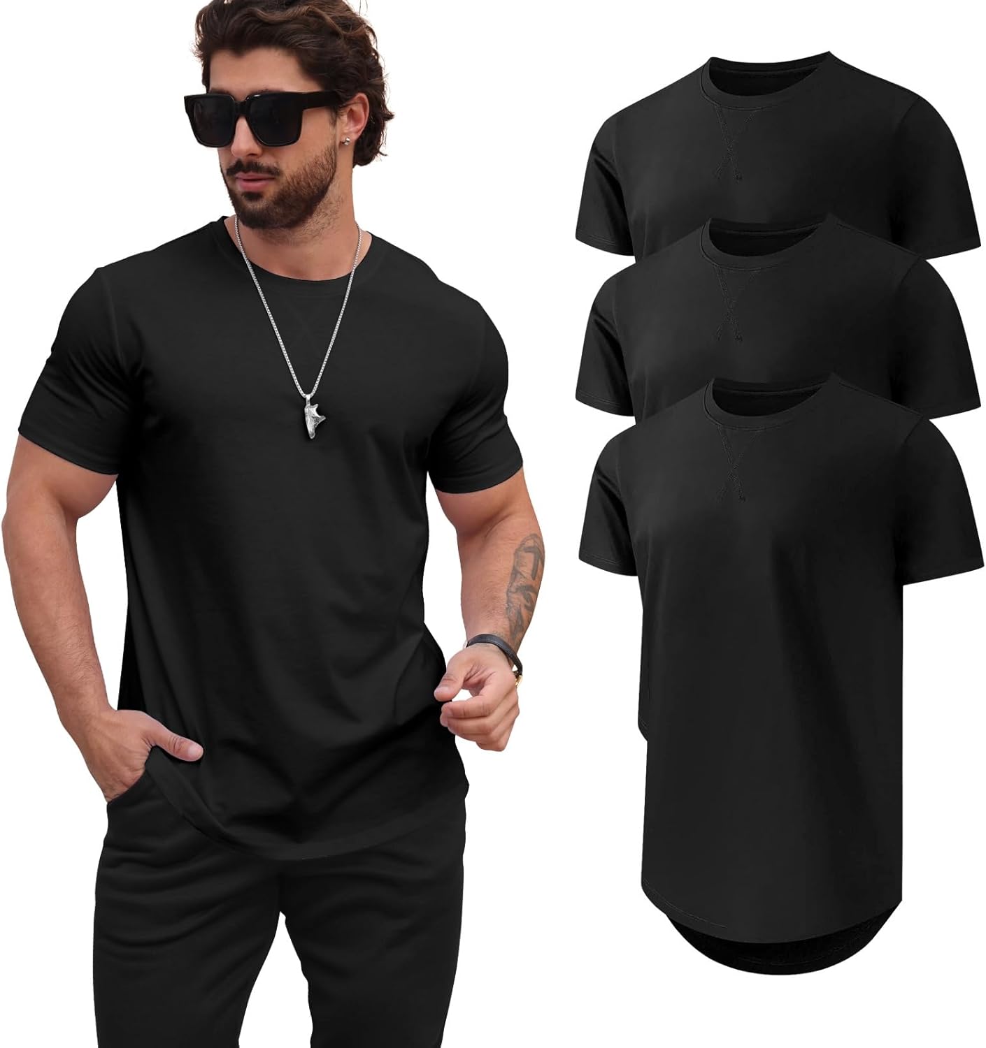 Mens Casual Hipster Longline Crewneck Tee Shirts for Style