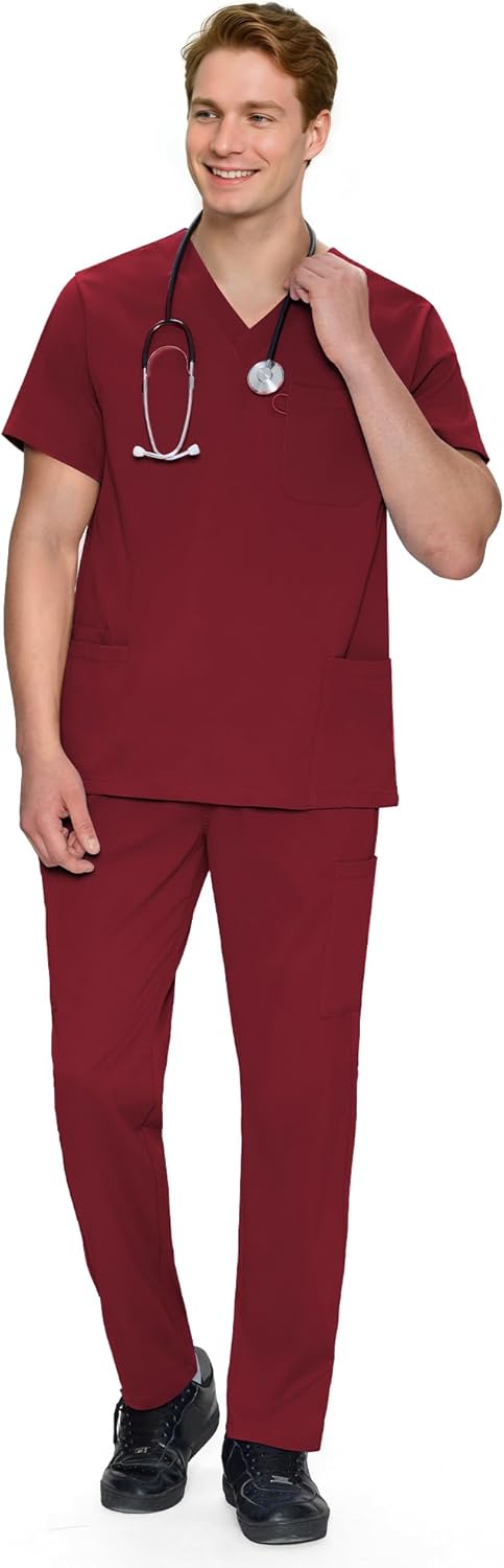 COZYFIT Men's Scrubs Set with V-Neck Top and 11 Pockets