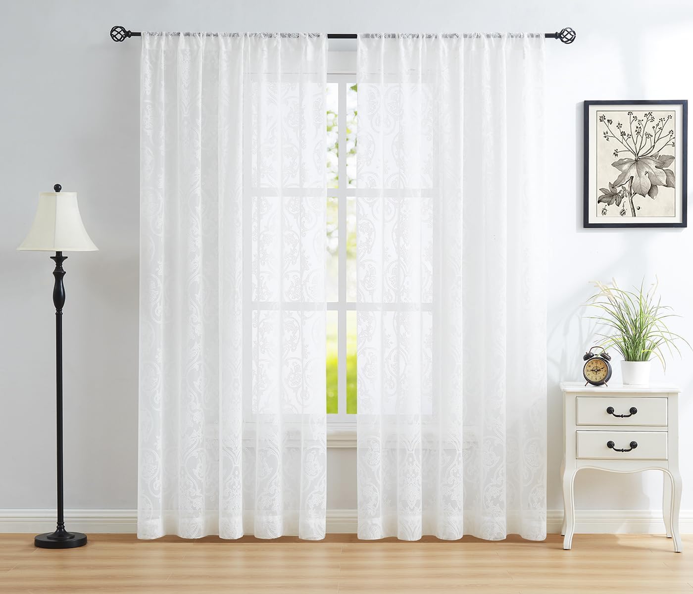 Treatmentex White Sheer Curtains 63in Vintage Floral Drapes