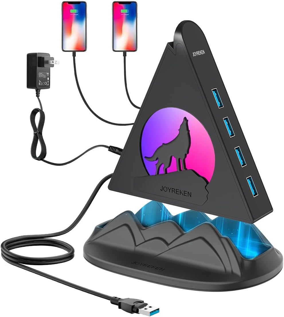 Powered USB Hub 3.0 with 6 Ports and RGB Light for Fast Charging