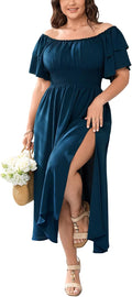 Plus Size Maxi Dress for Curvy Women Off the Shoulder Ruffle Smocked
