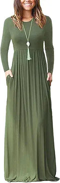 Women Long Sleeve Loose Plain Maxi Dress with Pockets - Casual Floor