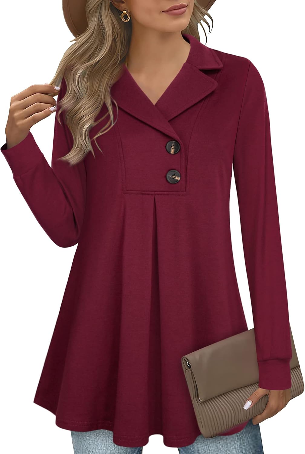 Gaharu Women's Swing Tunic Notch Collar Long Sleeve Pullover
