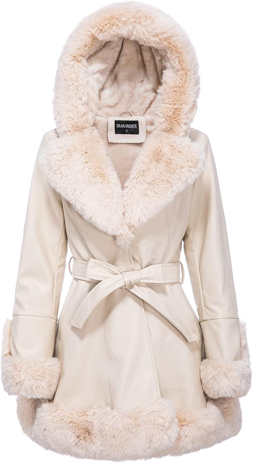 GRAN ORIENTE Women's Faux Leather Jacket with Faux Fur Collar