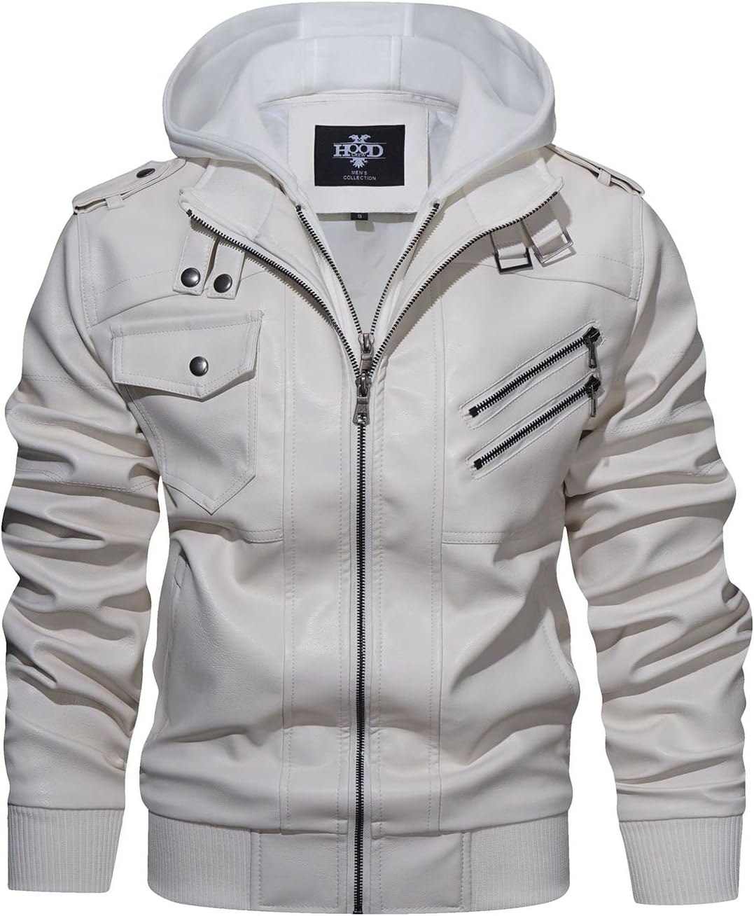HOOD CREW Mens Casual Stand Collar Faux Leather Motorcycle Jacket
