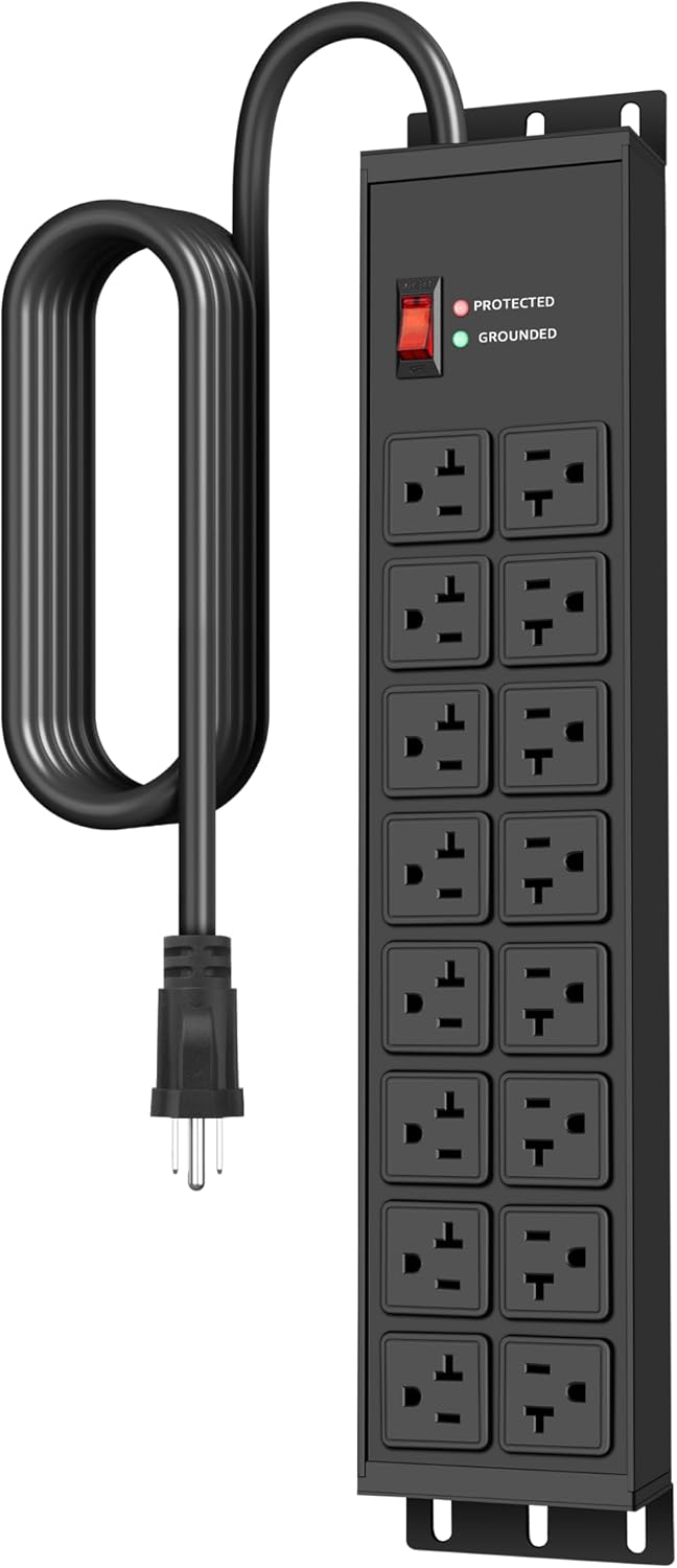 Heavy Duty 20 Amp Power Strip with 16 Outlets for Garage Use