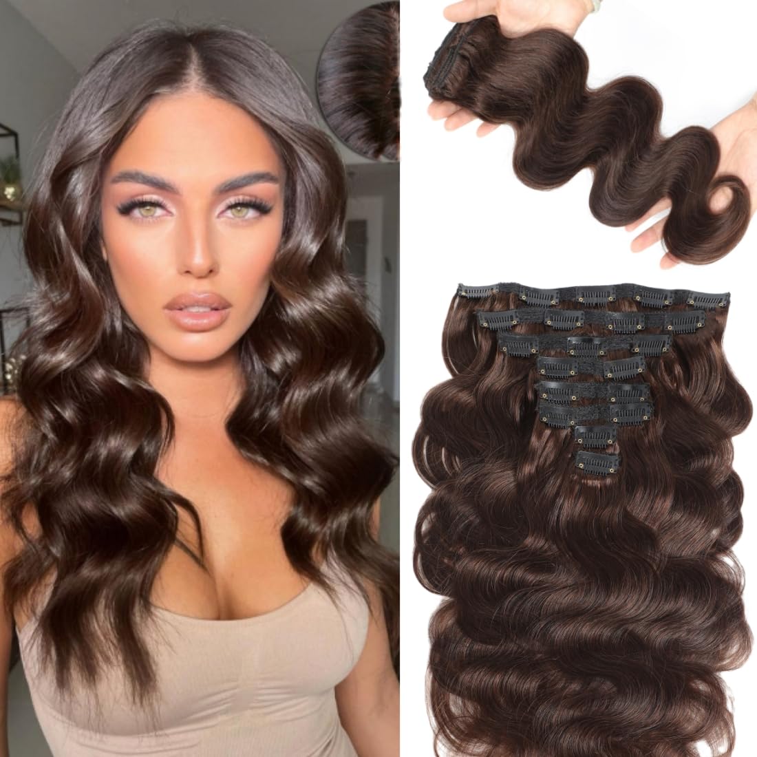 LUMIERE Dark Brown Clip In Hair Extensions for Body Wave Style