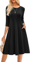 Womens A-Line Midi Dress with Pockets - Casual Crew Neck 3/4 Sleeve