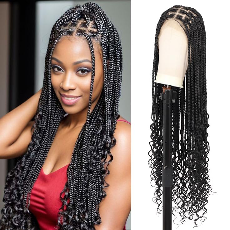 36 Inch HD Lace Front Box Braided Wigs With Boho Curly Ends