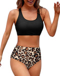 Women High Waisted Two Piece Bikini Sports Crop Top Swimsuit