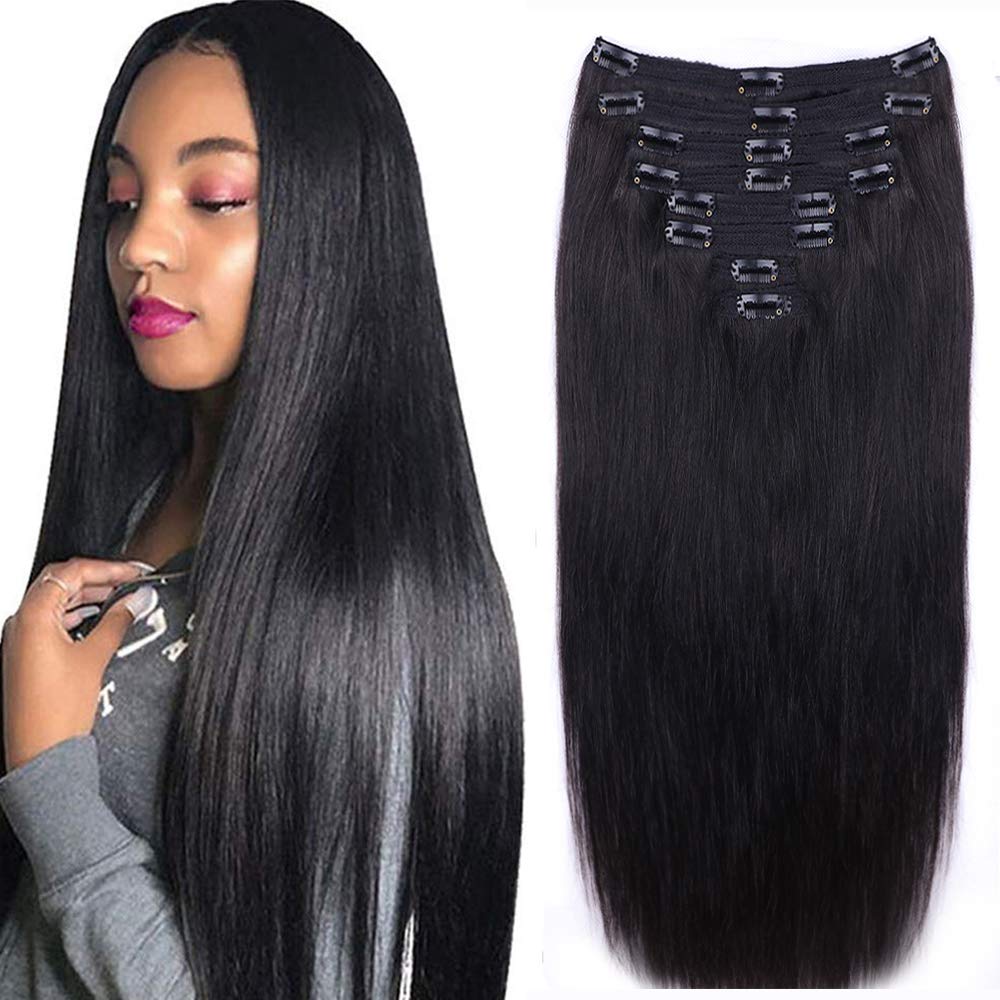 Straight Human Hair Clip in Extensions for Women - 20in Natural Black