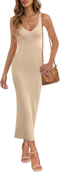 Womens V Neck Knit Midi Dress - Ribbed Sleeveless Bodycon