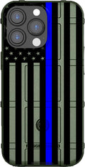 iPhone 14 Pro Rugged Shield Case - Subdued US Flag Thin Blue Line