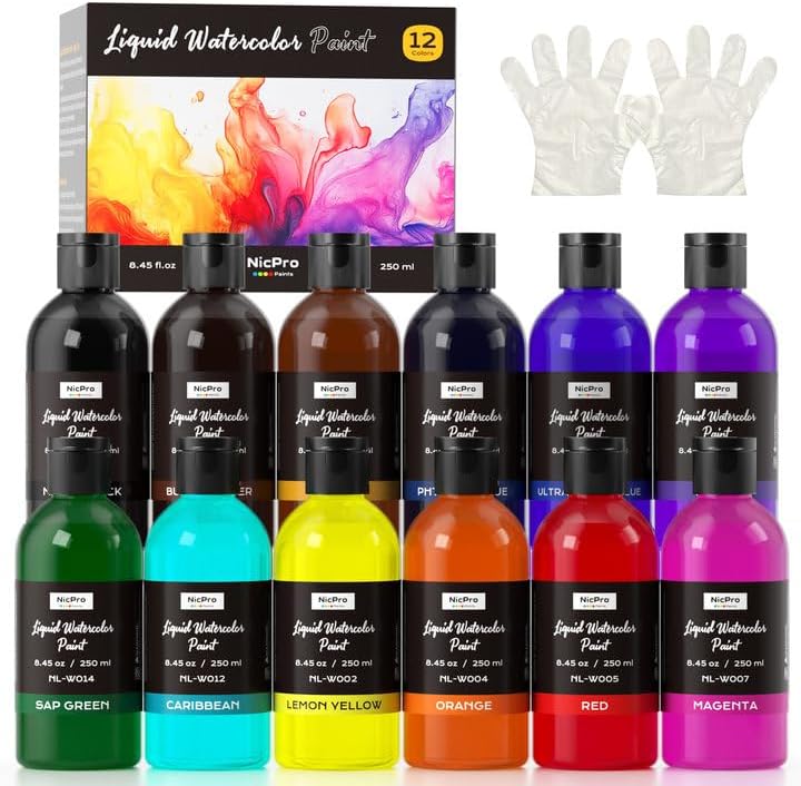 Nicpro Liquid Watercolor Paint Set - 12 Vibrant Colors for Art