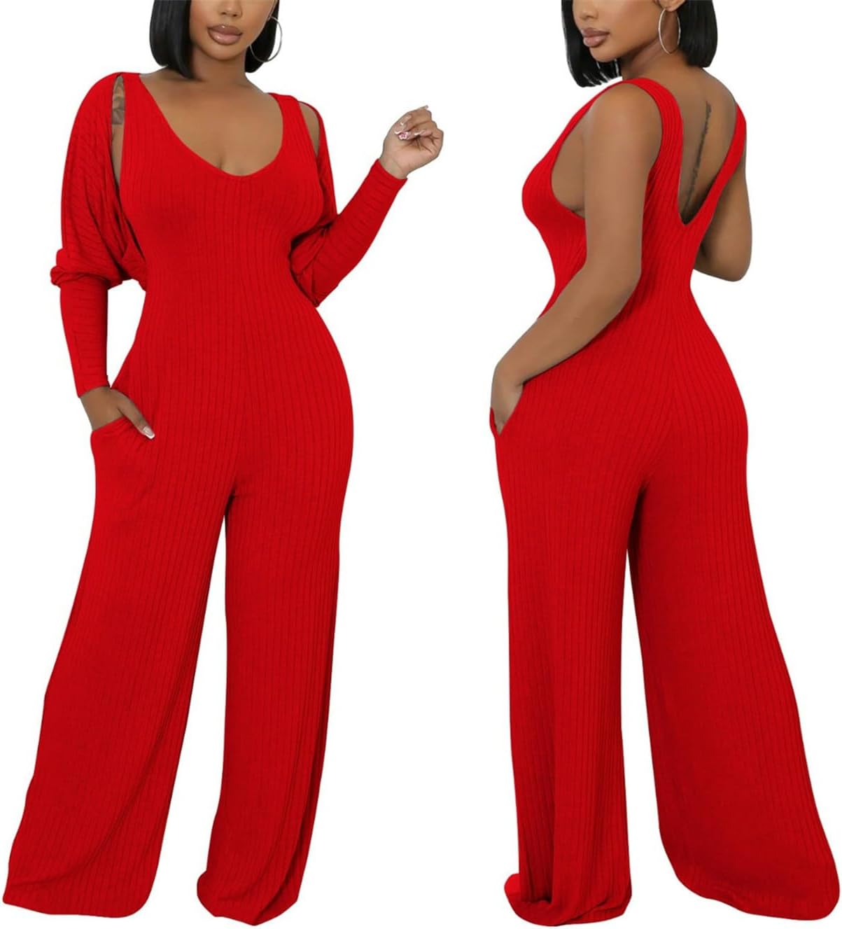 Women's Casual 2 Piece Outfits Ribbed Knitted Jumpsuit Set