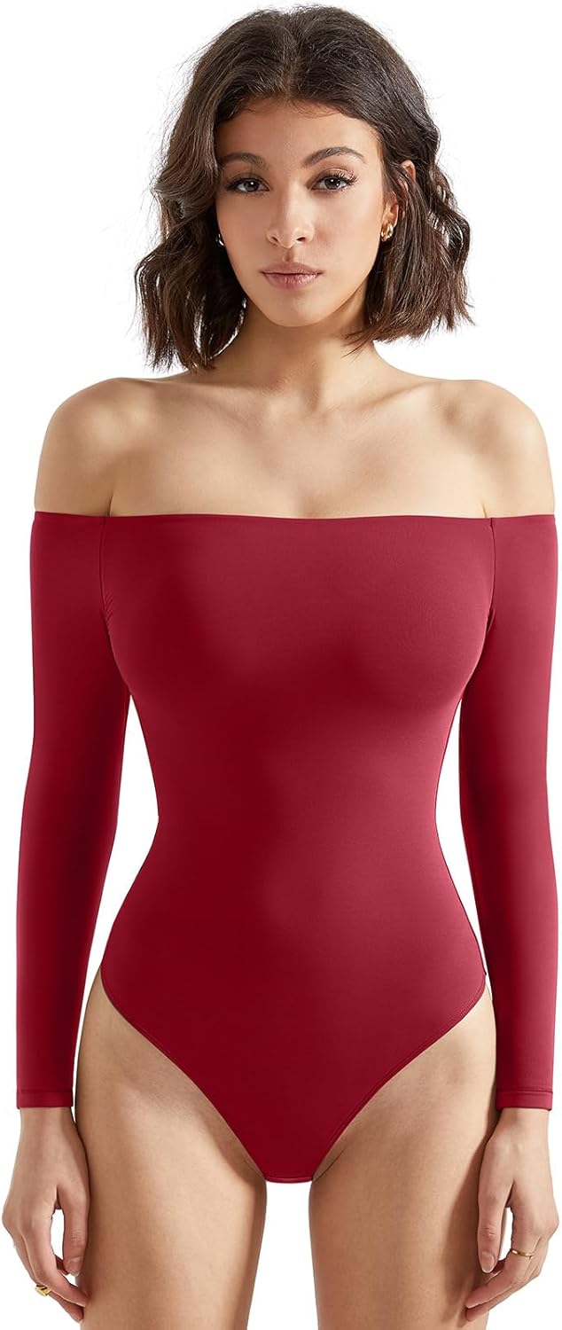 SUUKSESS Off the Shoulder Long Sleeve Bodysuit for Women