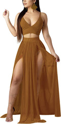 Women Sexy Chiffon 2 Piece Outfit Dress Set - Deep V, High Split