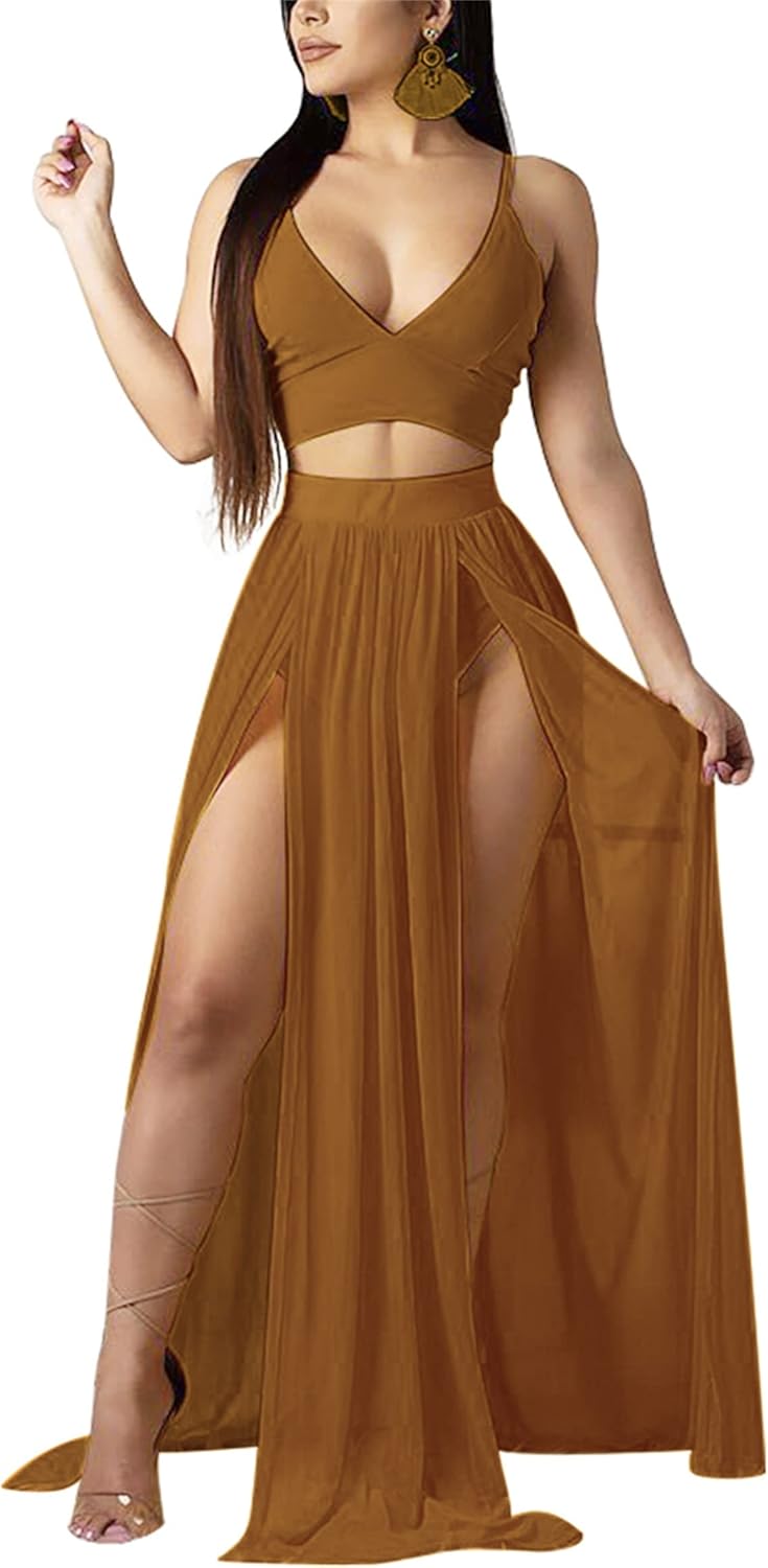 Women Sexy 2 Piece Outfits Dress Chiffon Strap Deep V Neck