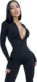 Women's Long Sleeve Black Faux Leather Striped Bodysuit - Sleek