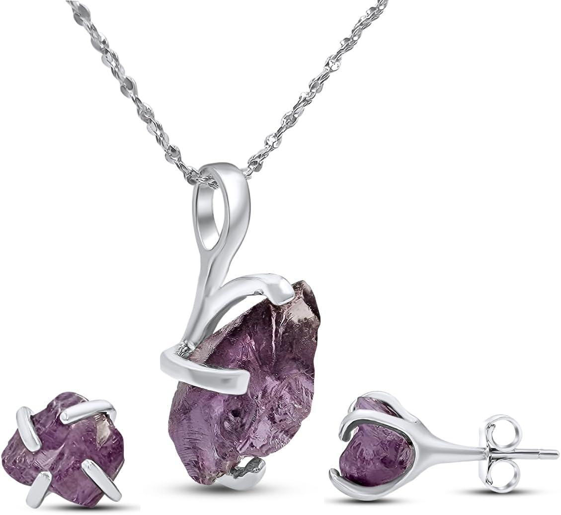 Real Raw Gemstone Jewelry Set with 925 Sterling Silver Gift