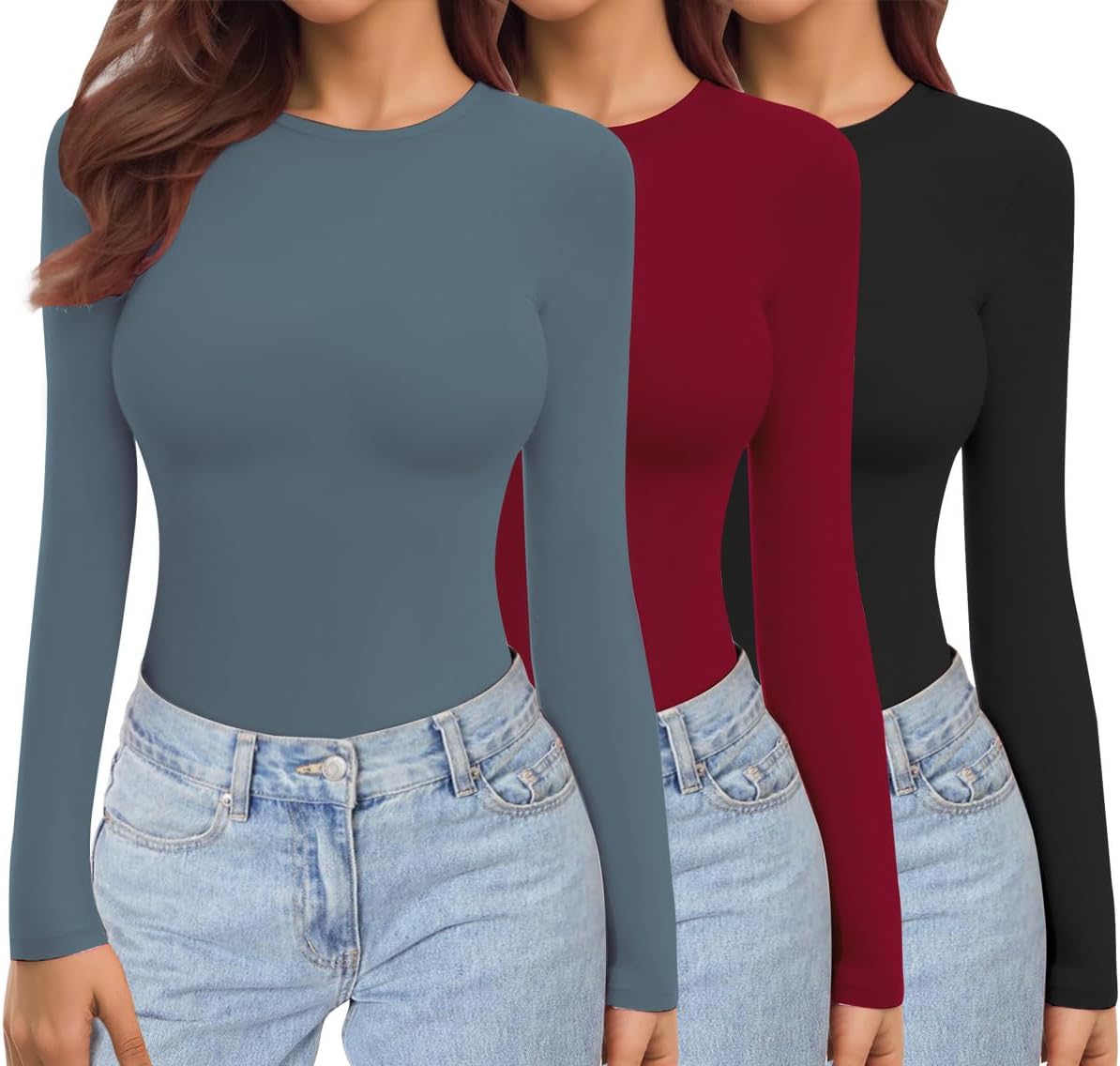 Ekouaer Womens Long Sleeve Shirts 3 Pack Trendy Basic Tops