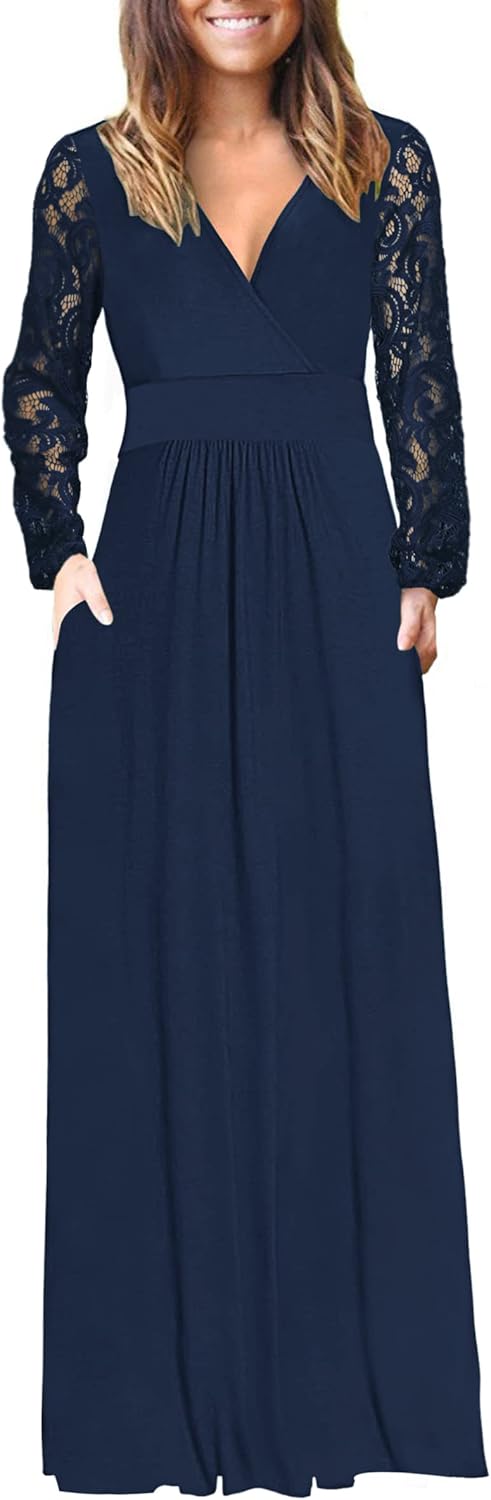 Womens Long Sleeve Maxi Dress with Lace Sleeves and Pockets