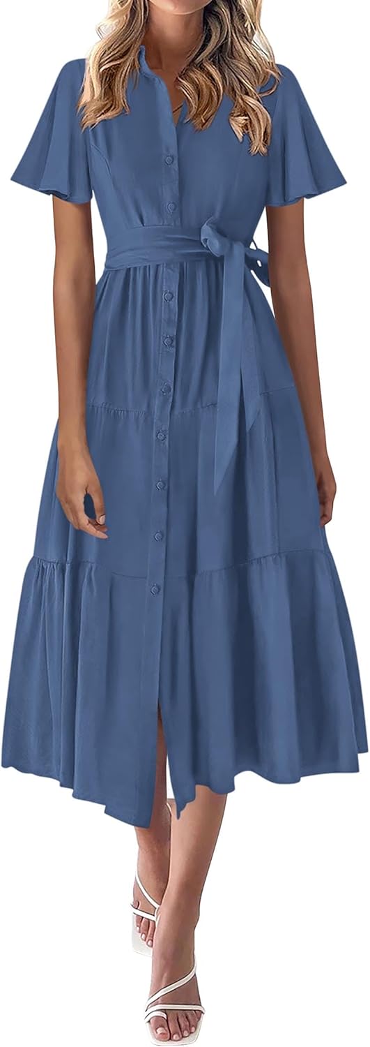 KIRUNDO Summer Button Down Wedding Guest Shirt Dresses for Women