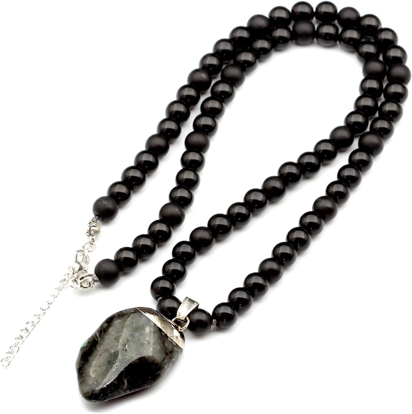 Natural Raw Tourmaline Pendant with Black Onyx Beaded Necklace