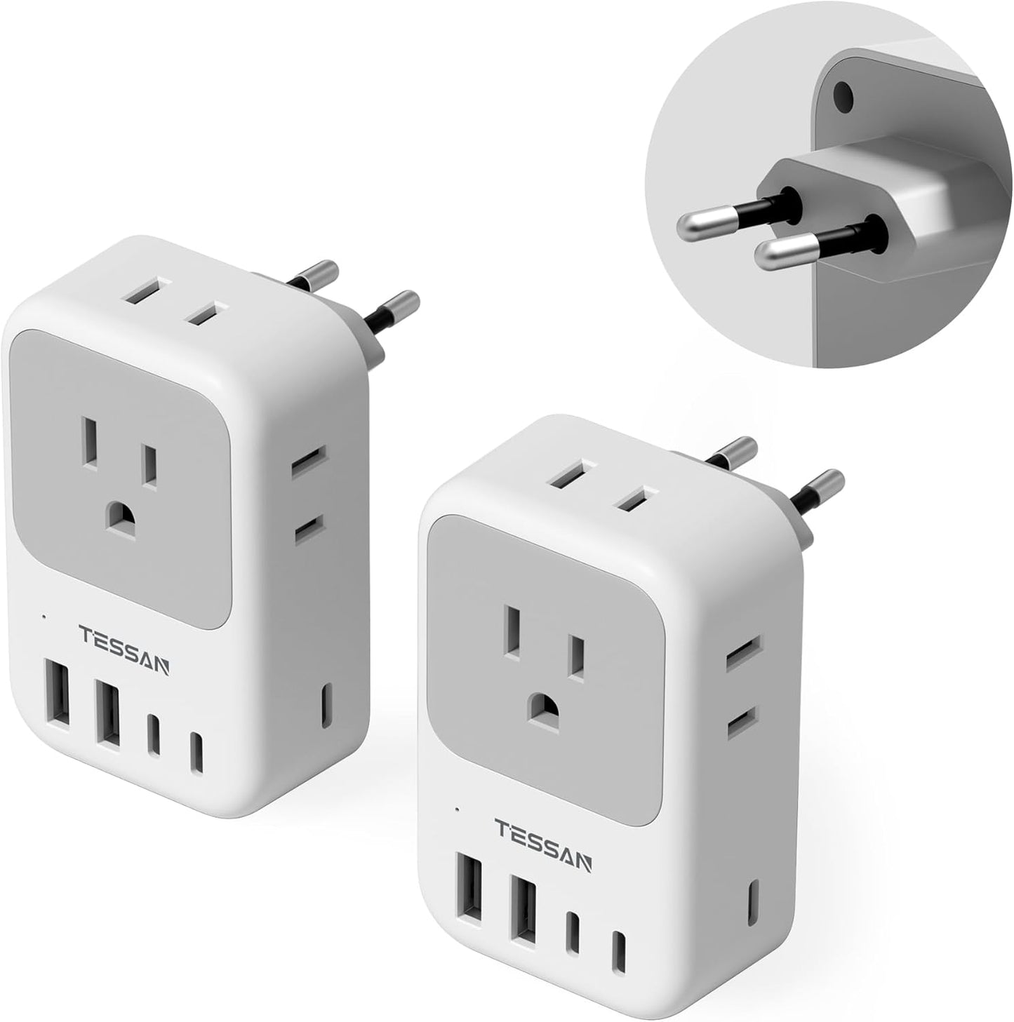 TESSAN European Travel Plug Adapter 2-Pack with USB Ports