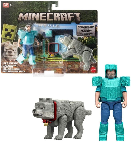 Minecraft Movie Steve in Diamond Armor with Wolf Dennis Action Figures