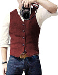 Ceehuteey Mens Suit Vest Tweed Herringbone V Neck - Slim Fit Look