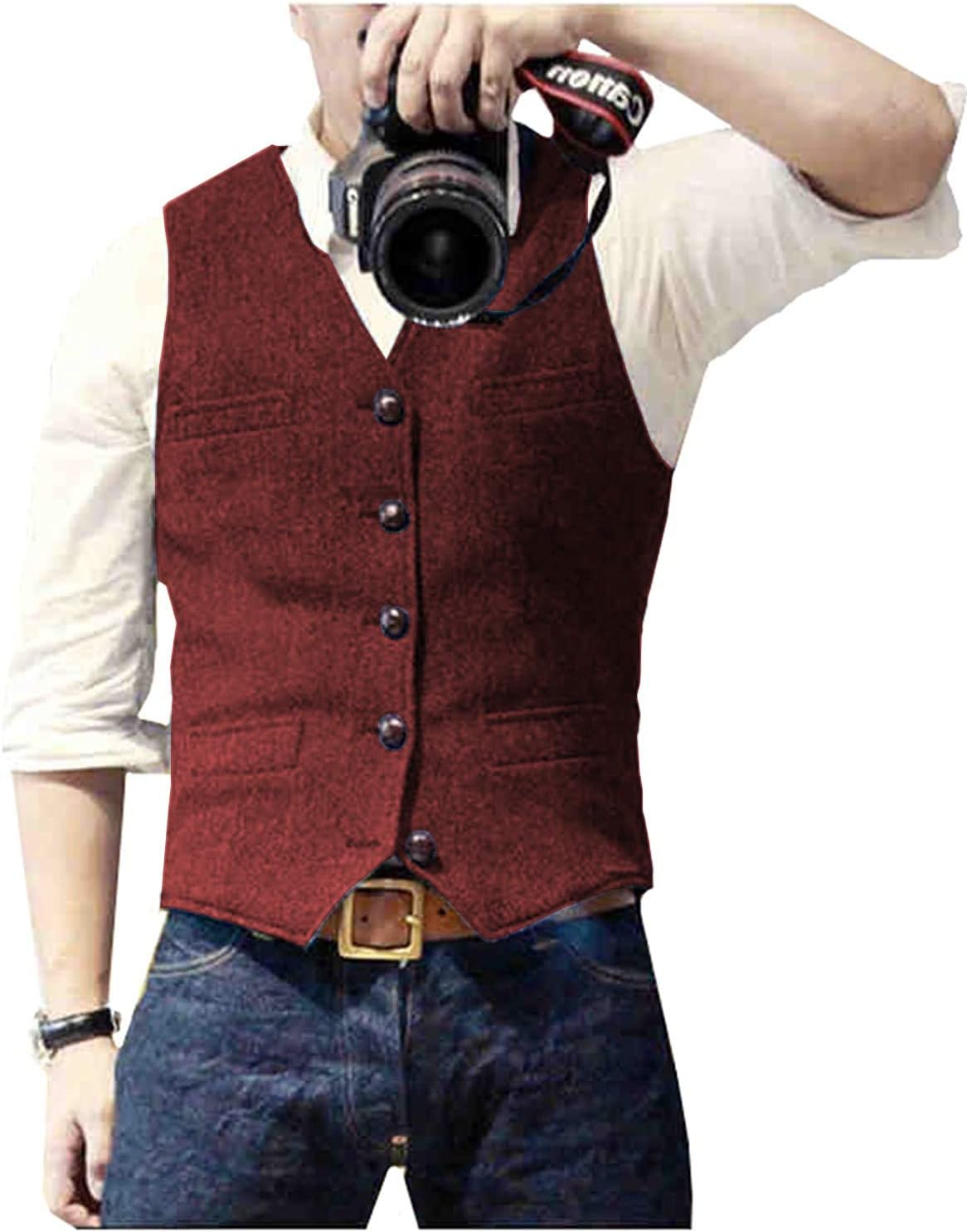 Ceehuteey Mens Suit Vest Waistcoat Tweed Retro V Neck Wool