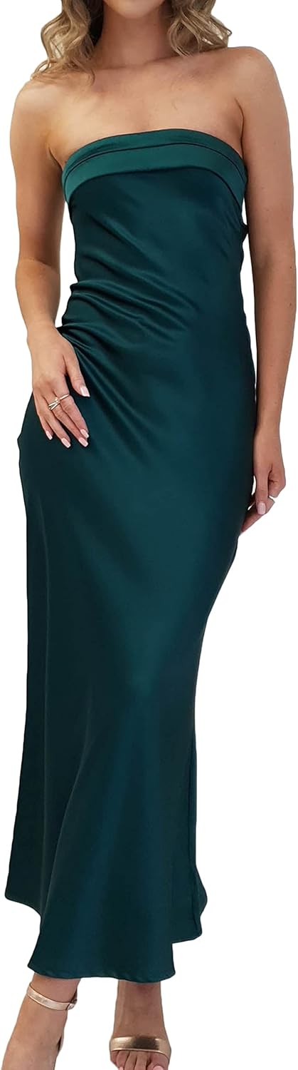 Realtix Satin Silk Backless Tube Tops Maxi Dress for Women