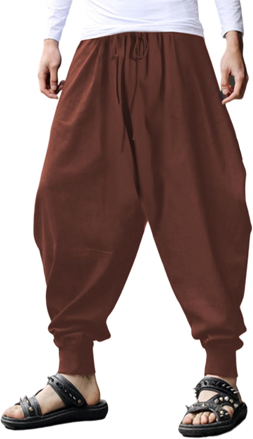 Men's Cotton Harem Pants Casual Loose Hippie Drop Crotch Trouser