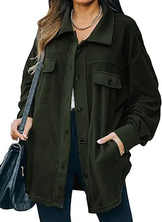 Astylish Women Casual Coat Long Sleeve Shacket with Pockets