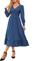 Wrap V-Neck Twist Knot Midi Dress - Flattering A-Line Style