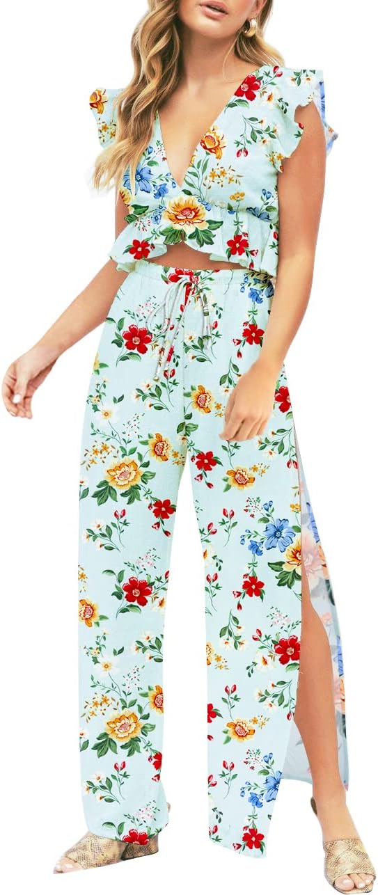 FANCYINN Womens 2 Pieces Outfits Deep V Neck Crop Top Set