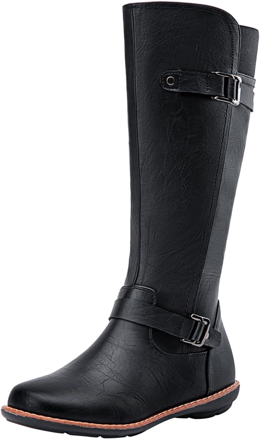 Jeossy Women's Knee High Boots with Buckle and Side Zipper