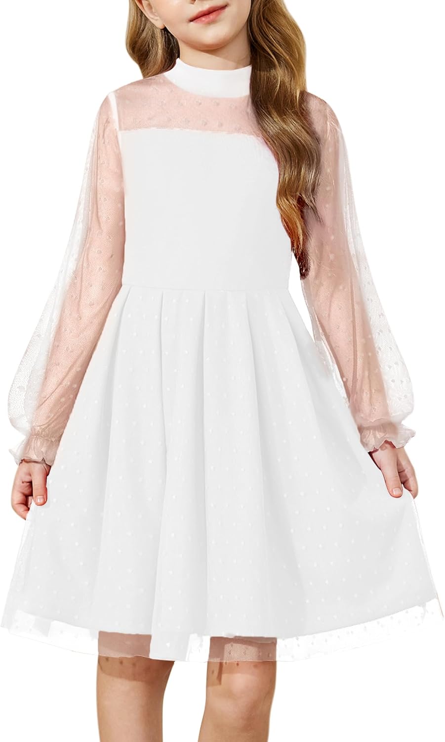Arshiner Girls Dresses Contrast Mesh Puff Long Sleeve A Line