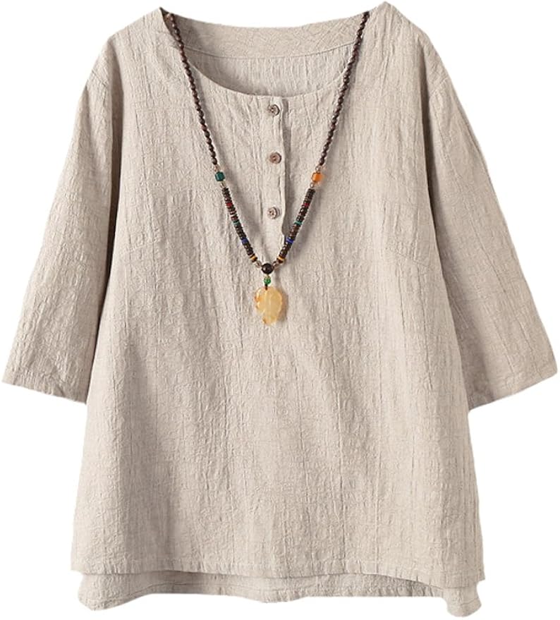 Minibee Women's 3/4 Sleeve Cotton Linen Jacquard Blouses Top