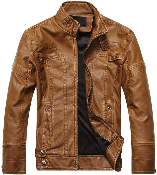 PASOK Men's Faux Leather Jacket Vintage Stand Collar Motorcycle