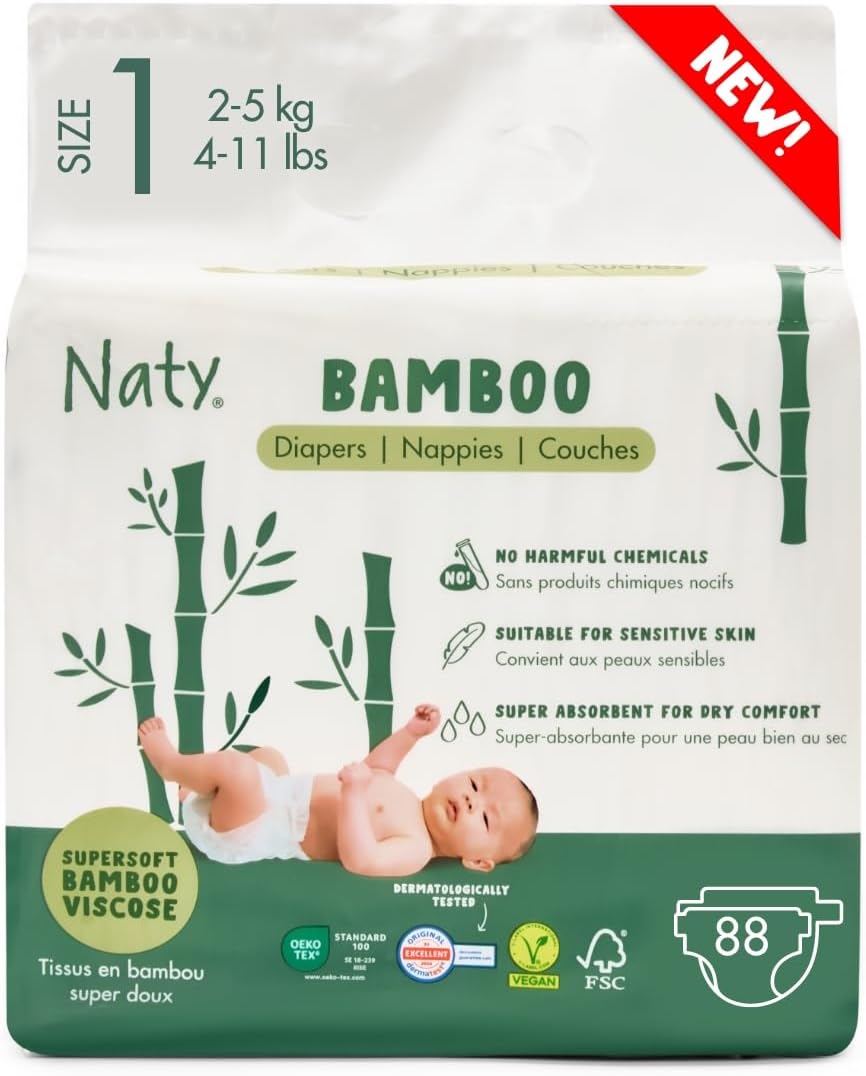 Naty Bamboo Viscose Baby Diapers for Sensitive Skin, Size 1